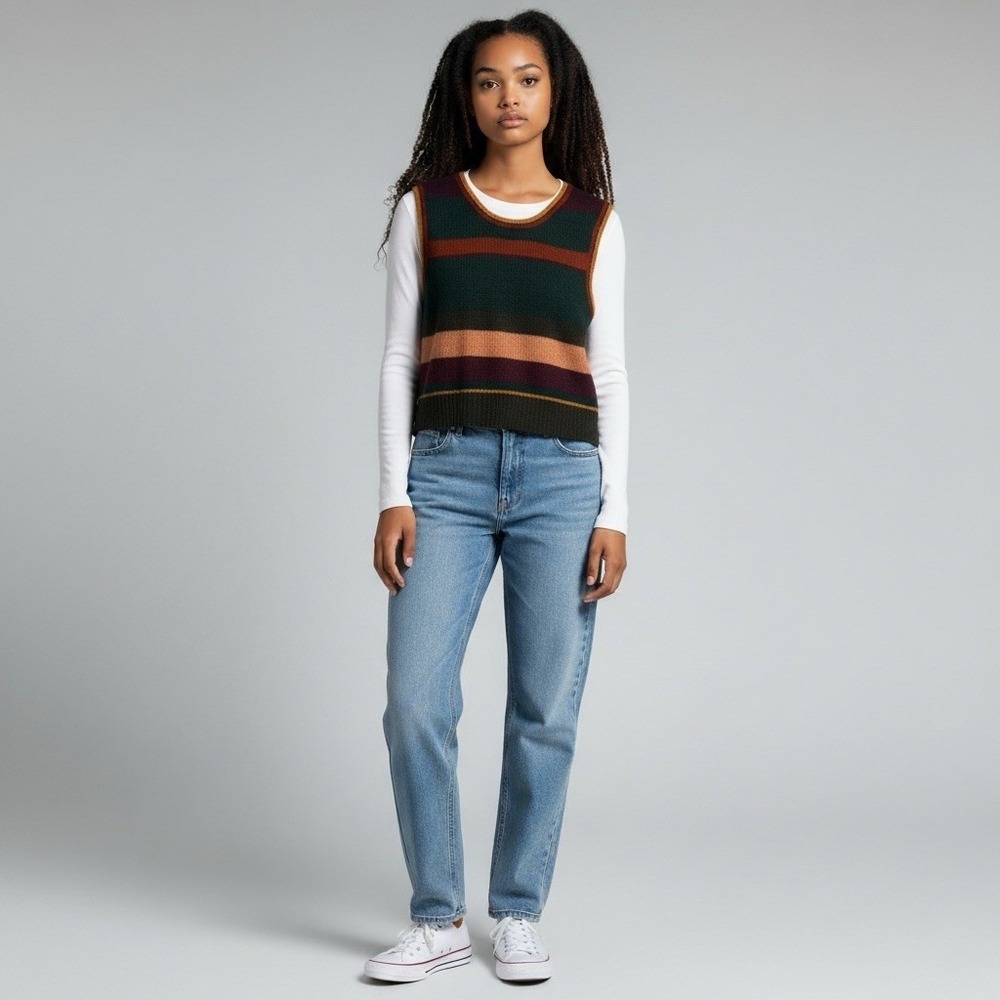 NATURAL LIFE Striped Knit Sweater Vest in Dark Green, Rust & Tan